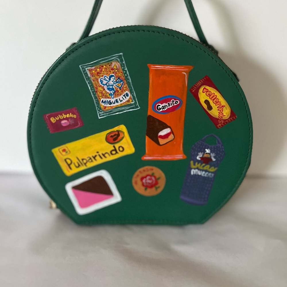 Breakfast Friend Green Designer Circle Bag with Colorful Graphics